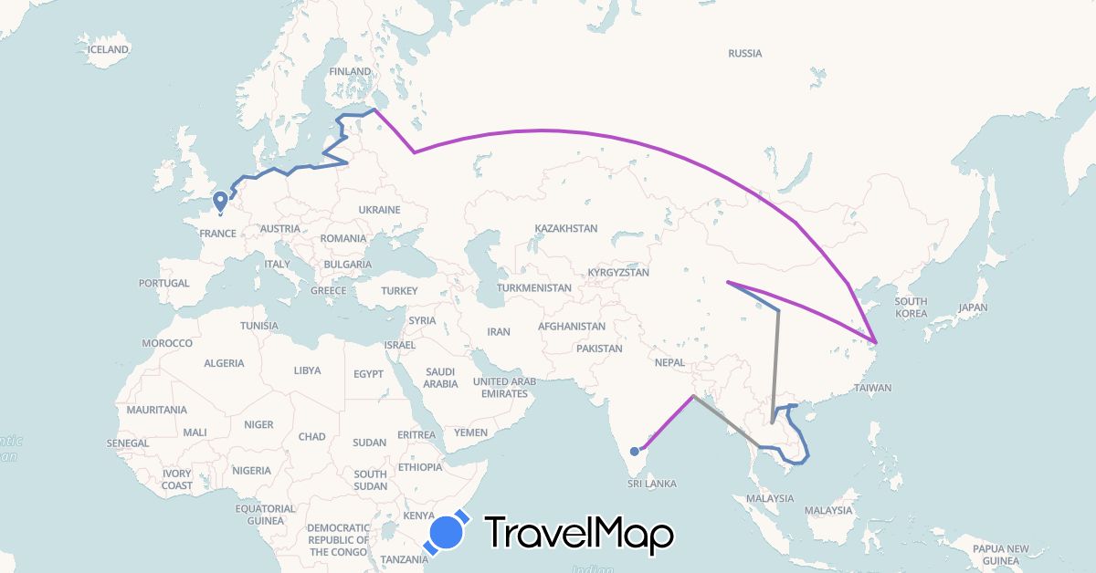 TravelMap itinerary: driving, plane, cycling, train in Belgium, China, Germany, Estonia, France, India, Cambodia, Laos, Lithuania, Latvia, Mongolia, Netherlands, Poland, Russia, Thailand, Vietnam (Asia, Europe)